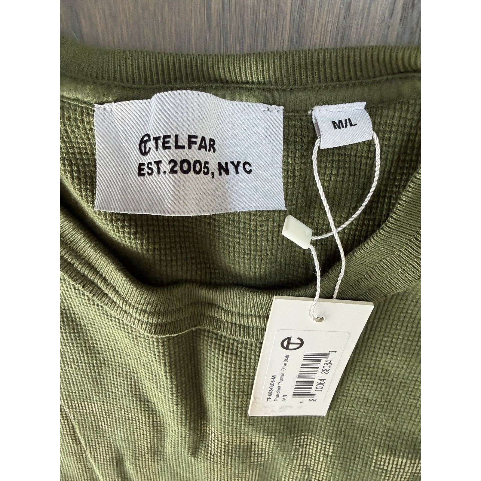 Telfar 2005 Logo Waffle Thermal Long Sleeve Crewneck Olive Green M/L Unisex Nwt — image 3 of 7